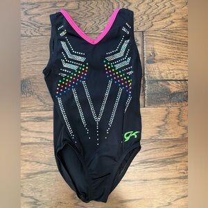 GK Gymnastics Competition Black Leotard with Pink Trim and Colorful Accents